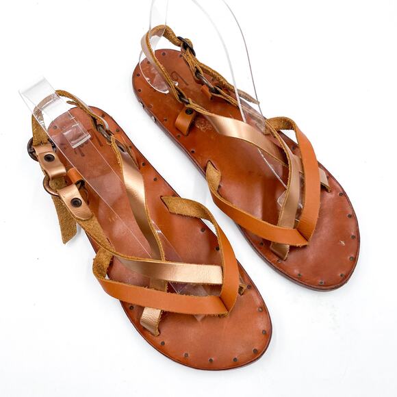 Beek Sparrow Flat Sandals Rose Gold Strappy Brown Leather Slip On Open Toe Sz 9 - Picture 4 of 12